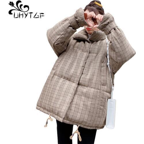 UHYTGF Winter Jacket women lattice Female Cotton Coat basic tops Plus Size Thicken Women Down Jacket Parka cotton Outerwear X582