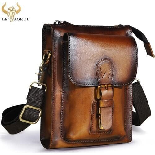 Retro Gold Original Leather Design Travel 8" Cross-body Messenger Bag Hook Summer Phone Pouch Fanny Waist Belt Pack Bag 6402