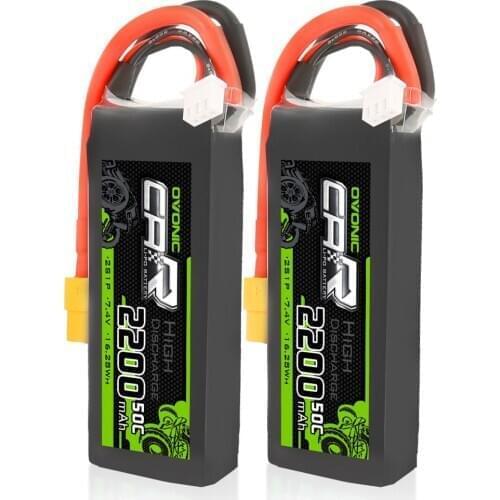 OVONIC 7.4V 2200mAh 2S1P 50C Lipo Battery With XT60 Plug For RC Car 1/16 1/18 2 Pack