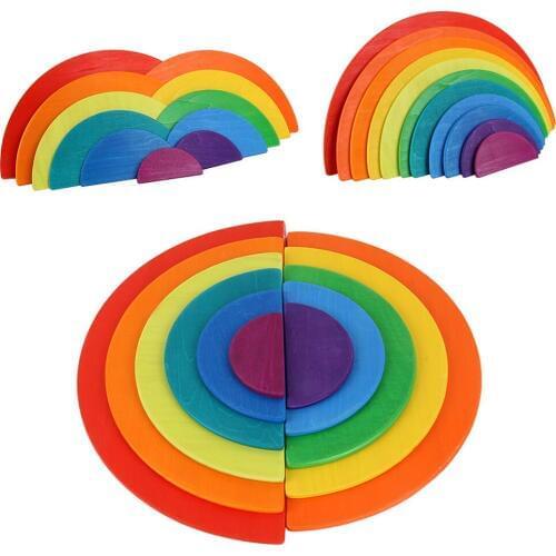 Montessori Wooden Rainbow Toy Assembly Puzzle Colored Building Set Stacking Sorting Building Kids Educational Toys