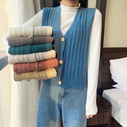 Women Solid Color V Neck Single-breasted Braid Knitted Cardigan Waistcoat Vest