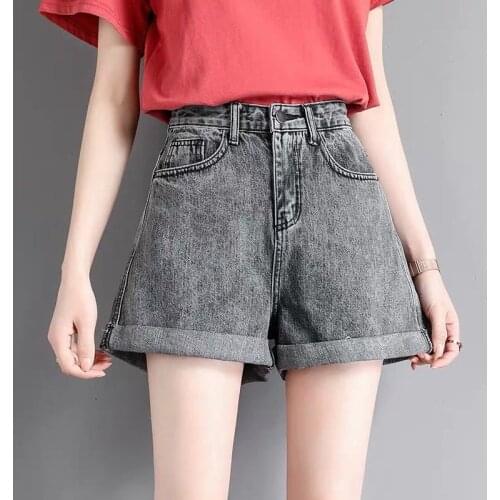 Smoky Gray High Waist Denim Shorts Womens Summer 2021 New Style Thin Loose and High Curled Hot Pants