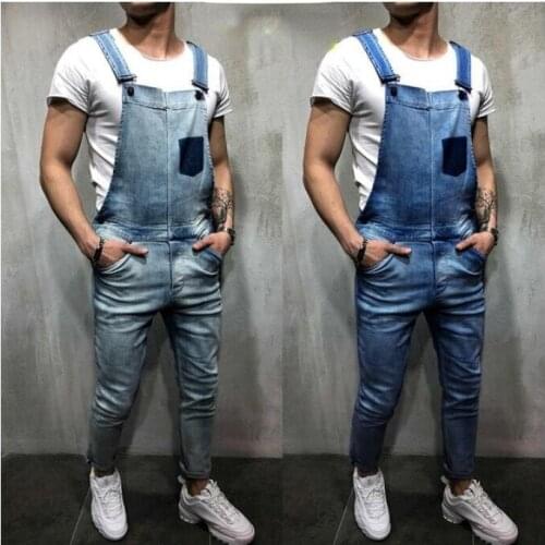 Men Denim Jumpsuit Jean Blue Long Pants Patchwork Slim Streetwear Casual Four Season Versatile Pencil Pants Fashion Home Wear