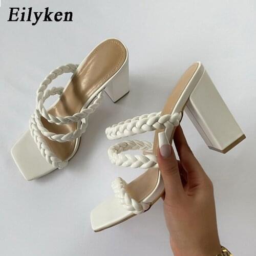 Eilyken Summer New Design Women Braid Slippers Ladies Thick High Heels Sandals White Black Open Toe Fashion Female Slides Shoes