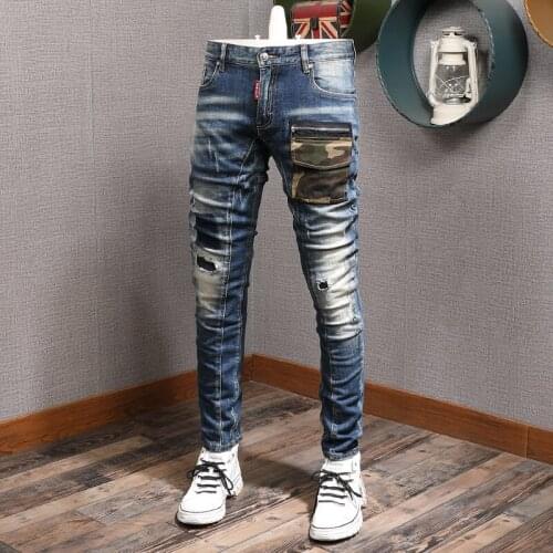 European American Street Fashion Men Jeans Spliced Designer Retro Blue Ripped Jeans Men Patched Pocket Hip Hop Denim Punk Pants