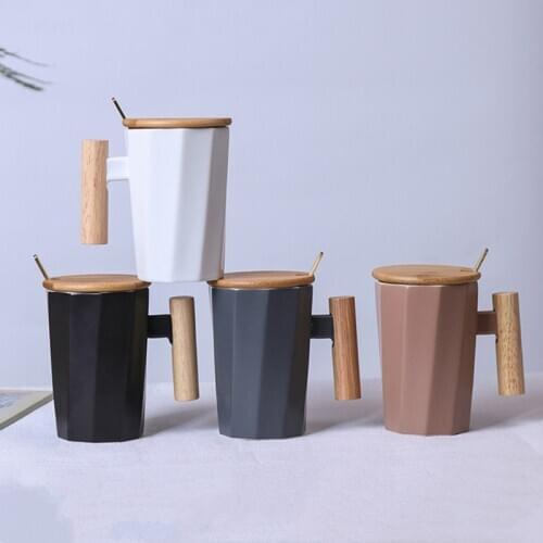 380ml Wood Handle Ceramic Coffee Mug Creative Polygonal Office Home Milk Tea Cup For Gift