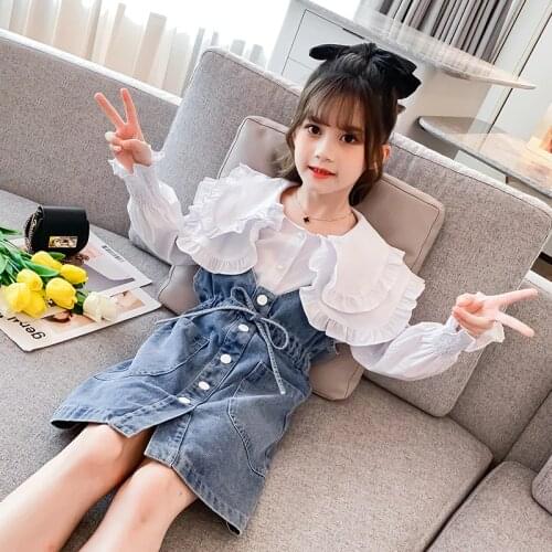 Girls Set 2021 Spring New Style Denim Strap Dress + White Blouse 2 Pcs/Set 4-12 Kids Clothing Sets Fashion Costume