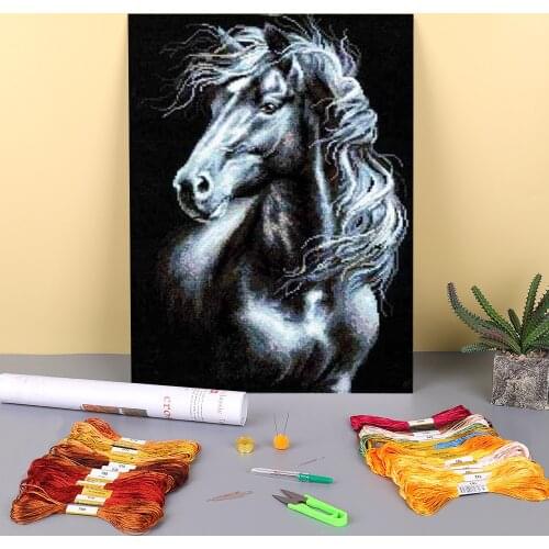 Animal Horse Printed Water-Soluble Canvas 11CT Cross-Stitch DIY Embroidery Set DMC Threads Painting Craft Needlework Mulina