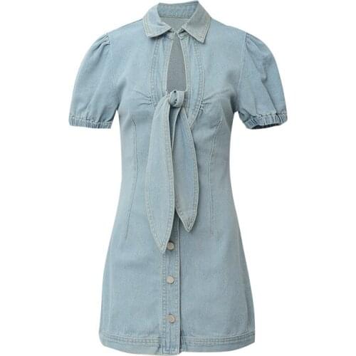 ShesModa New Denim Sweety Bow Sexy Lantern Sleeves Mini Dress Womens Party Dress