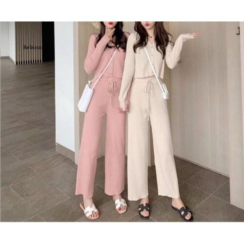 New Women Casual Sportswear Fashion long-sleeved knit Suit Femme Sportswear Sets High Waist Wide Leg Pants Suit