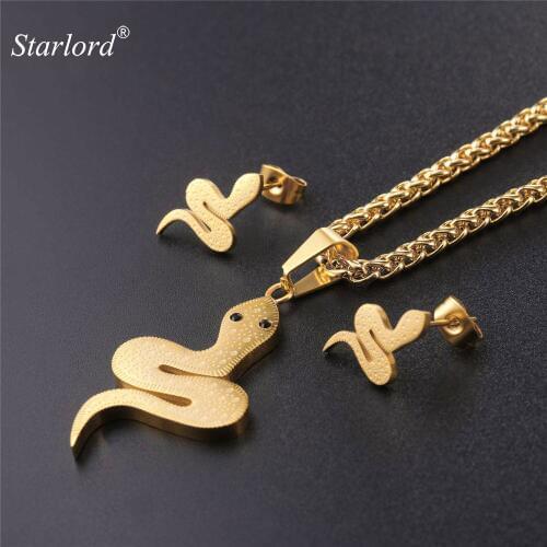 Starlord Mystery Snake Pendant Necklace&Stud Earrings Gold Color Stainless Steel With Austrian Rhinestone Jewelry Set GPE2535