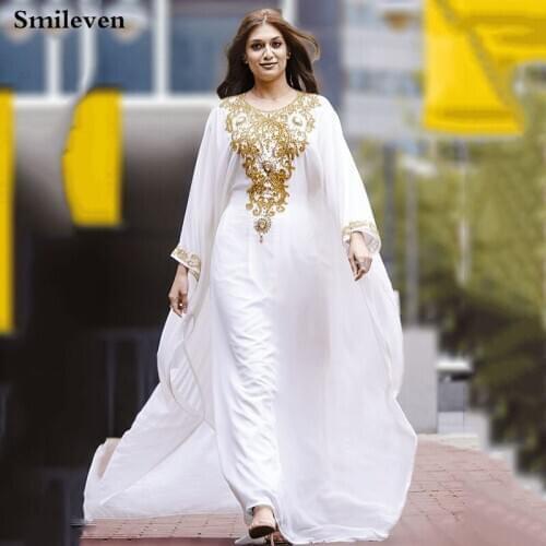 Smileven Pakistan Formal Evening Dresses Long Sleeve Gold Beaded Chiffon African Prom Gowns Side Split Party Gowns 2021