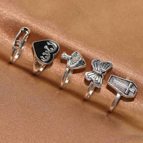 Vintage Silver Color Angel Wings Ring For Womens Gothic Punk Steampunk Heart Butterfly Skull Ring Sets Party Jewelry 2021