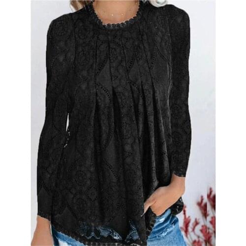 Vintage Elegant Lace Blouse Women Casual Solid Print Long Sleeve O-Neck Button Loose Shirt Blouse Ladies Elegant Top Blusas