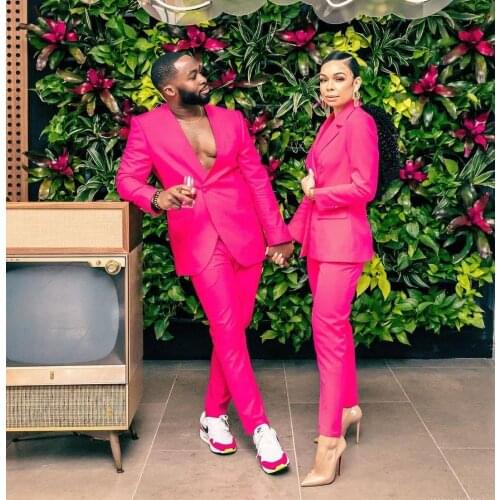 2 Pieces Women And Men Suits Fit Slim Coat+Pant Modern Formal Pink Party Suits For Couples Customize