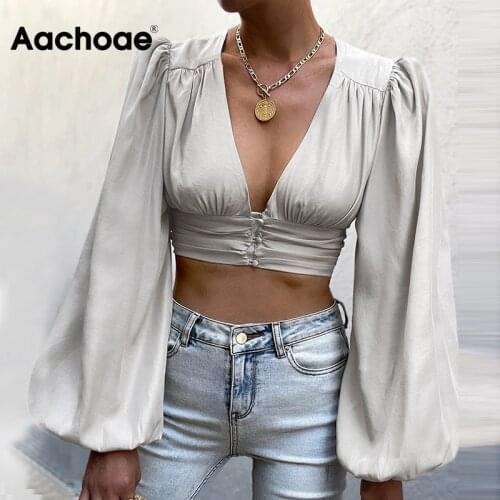 Aachoae Women Sexy Deep V Neck Puff Long Sleeve Blouses Solid Color Bodycon Shirts Tops Female High Street Cropped Tops