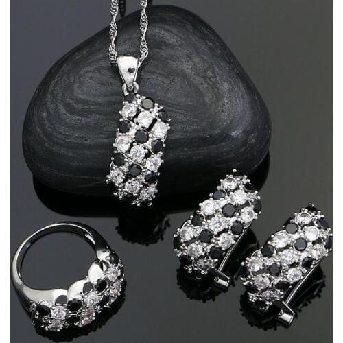 Punk 925 Sterling Silver Party Jewelry Sets For Women White Black Cubic Zirconia Stone Earrings Ring Necklace Pendant Set