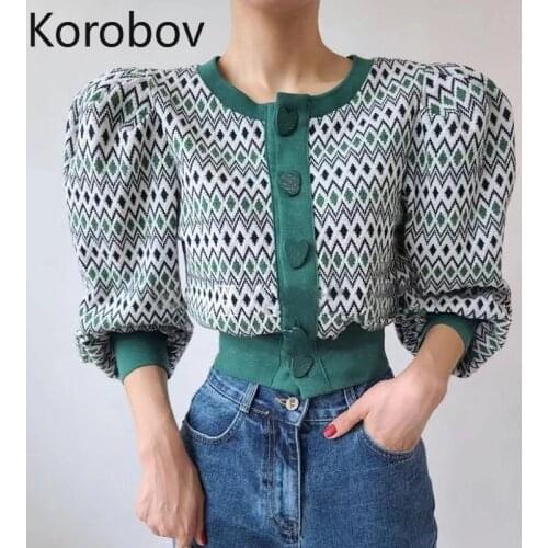 Korobov Korean O Neck Puff Sleeve Office Lady Women Sweaters Vintage Hit Color Patchwork Striped Sueter Mujer Elegant Cardigans