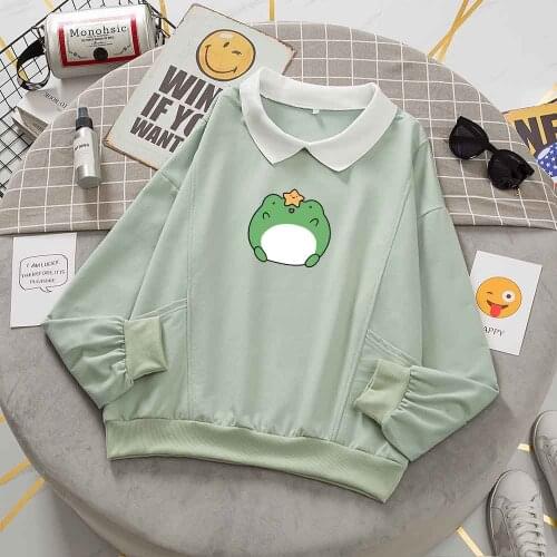 Aesthetic Clothes Frog Print Green Top Sweatshirt Women 2021 Crop Top Long Sleeve Cartoon Sweatshirt Hoodie Full Sleeve Top