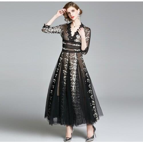 2020 Summer Floral Luxury Womens Flower Embroidery Fairy Women Lace V-Neck Long Holiday Elegant Party Dress Gothic