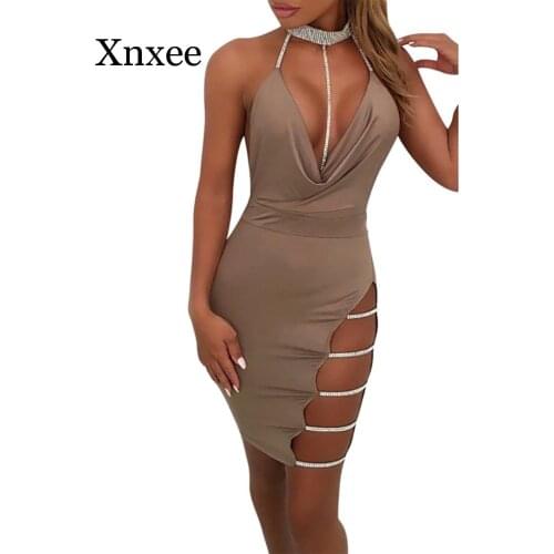 Women Sexy dress Deep V Neck Halter Backless Sleeveless Choker Slit Sequin Bodycon Mini Dress Evening Party Clubwear khaki