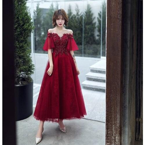 Ankle Length Evening Dresses Robe De Soiree Sexy Luxury Wine Red Sequin Lace Beading Formal Party Dress Prom Gown