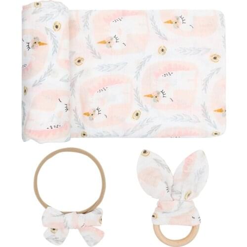 3 Pcs Set Newborn Baby Gift Rainbow Swaddle Bunny Ear Teether Wood Ring Hair Accessories Muslin 70% Bamboo Soft Wrap Blanket