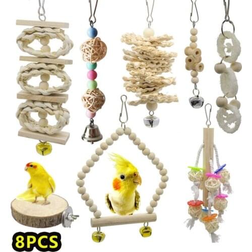 8 Pcs/Set Bird Parrot Swing Toys Chewing Standing Hanging Perch Hammock Bird Cage for Budgerigar Parakeet Conure