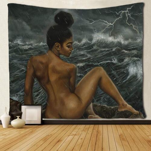 African American Sexy Women at The Seaside in The Rain Tapestries Hippie Art Wall Hanging