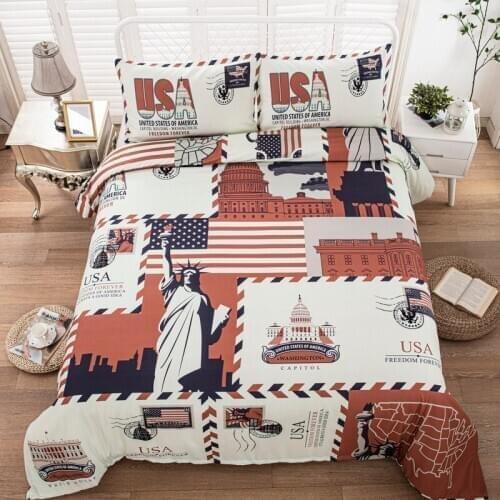 Free shipping Retro Stamp US Scenery Symbol Spots Statue of Liberty White House Bedding Quilt Duvet Cover Set