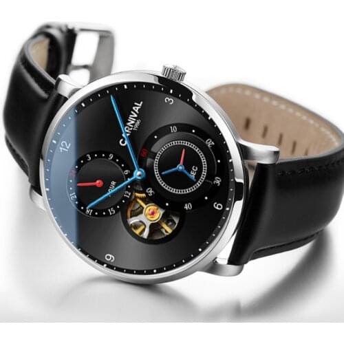 CARNIVAL 2021 Tourbillon Skeleton Watch Men Mechanical Wristwatches Leather 24 Hours Sapphire Small Second Dial Automatic Watch