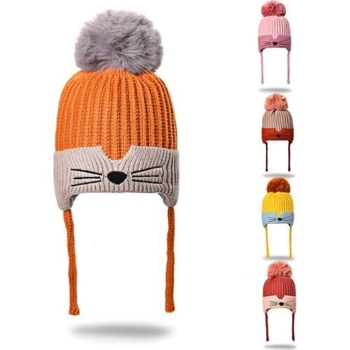 Baby Cap, Protective Ear Hat, Cartoon Cat Plush Ball Edge Curl Winter Relaxed Breathable Warm Lace-up Hat