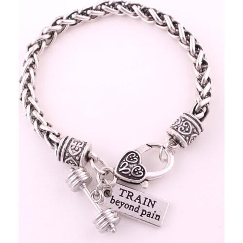 Cross fit Fitness Dumbell Barbell Antique Silver Charm Bracelet "Train Beyond Pain"