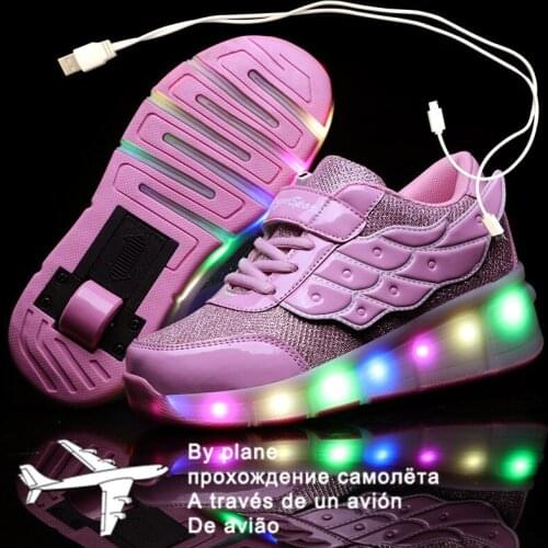 27-40 Pink White USB Charging Fashion Girls Boys LED Light Roller Skate Shoes For Children Kids Sneakers With Wheels One wheels