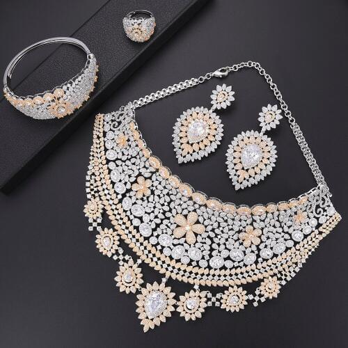 LARRAURI Luxury Women Wedding Jewelry Sets 4PCS Necklace Earrings Bracelet Ring Full Cubic Zirconia Dubai Bridal Jewelry Sets