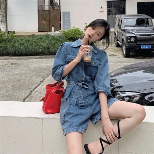 Summer Casual Denim Jumpsuit Women Short Sleeve Vintage Overalls for Women Loose Bodysuit for Women 2019