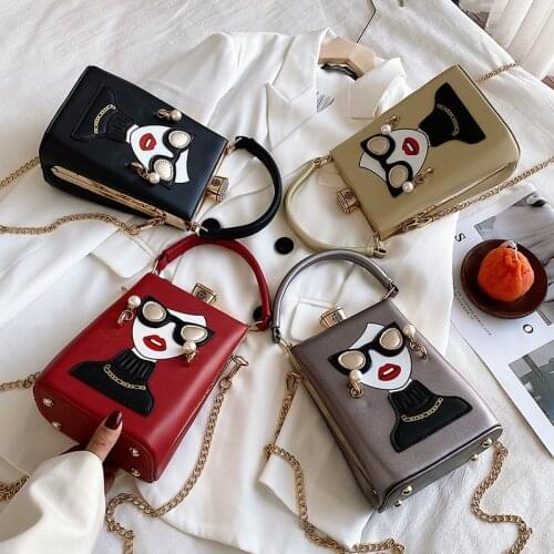 Hot sale character printing women clutch wedding bags shoulder handbags ladies with chain