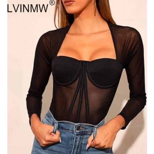 LVINMW Sexy Long Sleeve Strapless Transparent Mesh Crop Top 2020 Autumn Women tshirts Solid Slim Fashion Splice Tops Streetwear