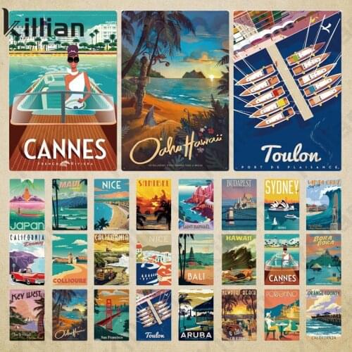 National Theme Metal Plate Hawaii New York Sydney Cartoon Art Painting Metal Plaque Bedroom Living Room Home Decoration Metal