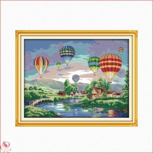 Hot Air Balloons And Riverside Views Cross Stitch Kit 14ct 11ct Printed Fabric Embroidery Kit DIY Handmade Needlework Gift