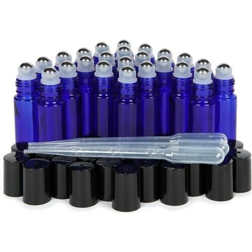 24pcs 10ml Empty Cobalt Blue Glass Roll on Bottles 10ml for Essential Oils with Metal Stainless Ball Good Pack