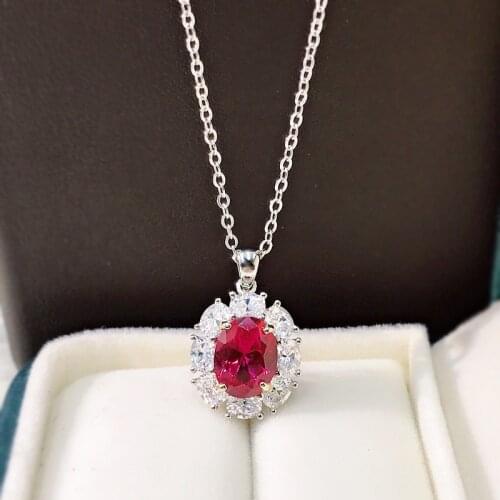 Real Sterling Silver 925 Oval Cut Ruby Flower Design 45cm Pendant Necklace Beautiful Wedding Womens Jewelry