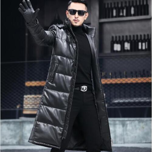 New over the knee long section leather down jacket mens leather detachable hooded leather windbreaker thick warm mens jacket
