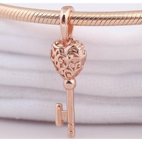 Original Rose Gold Lacework Love Heart Regal Key Necklace Pendant Fit 925 Sterling Silver Charm Bracelet Diy Jewelry