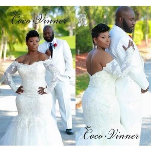 Offf Shoulder Long sleeves Africa New Design Lace Mermaid Wedding Dress 20201 Plus Size Appliques Custom Made Wedding Gown W0608