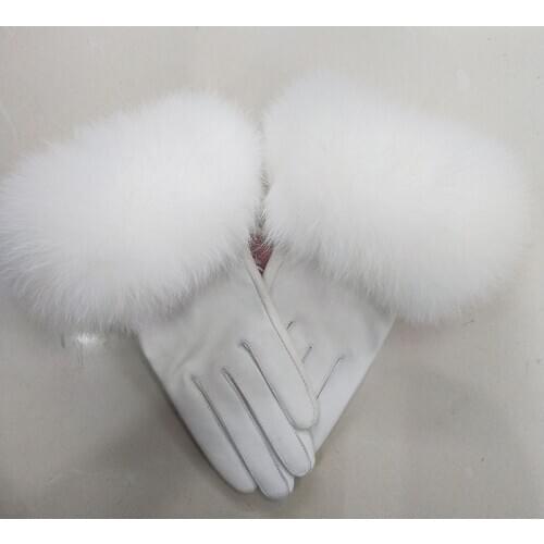 Female Luxury Real Leather Gloves With Real Fox Fur Cuff Women Warm Winter Genuine Leather Gloves Ladies Casual Hand Warmer