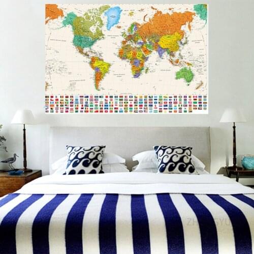 Póster de pintura en lienzo del mapa del mundo de gran tamaño, mapa Retro en inglés con banderas nacionales para viaje, sala de