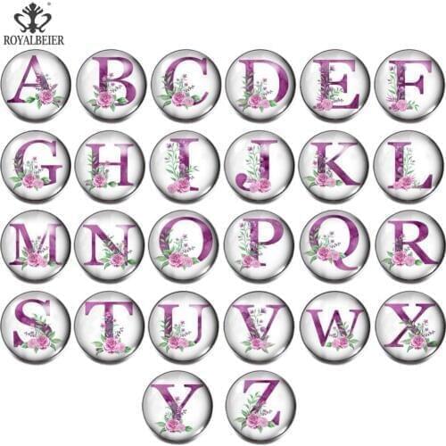 ROYALBEIER Mixed 18mm Snap Button Jewelry 26 Alphabet Letters Round Glass Bead Fit Bracelets Handmade Jewelry Women Accessories