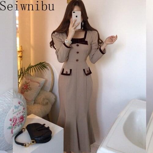 Seiwnibu Chic Exquisite Button Trumpet Dress Elegant Square Collar Bow Panelled Vestidos Slim Fit Puff Sleeve Dresses Women