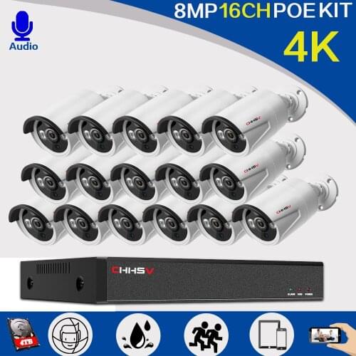 CHHSV 16CH 4K Ultra HD POE CCTV Security System 8MP IR IP66 Waterproof Outdoor IP Camera Plug&Play Video Surveillance Set